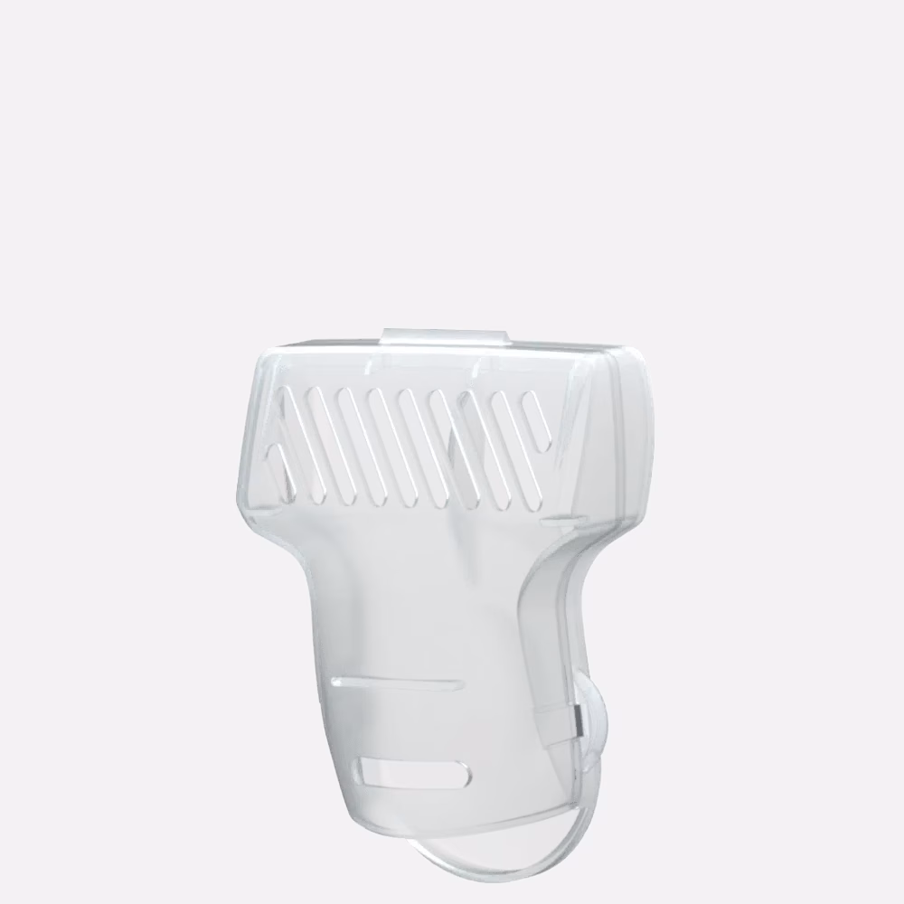 Transparent plastic device with slotted design.