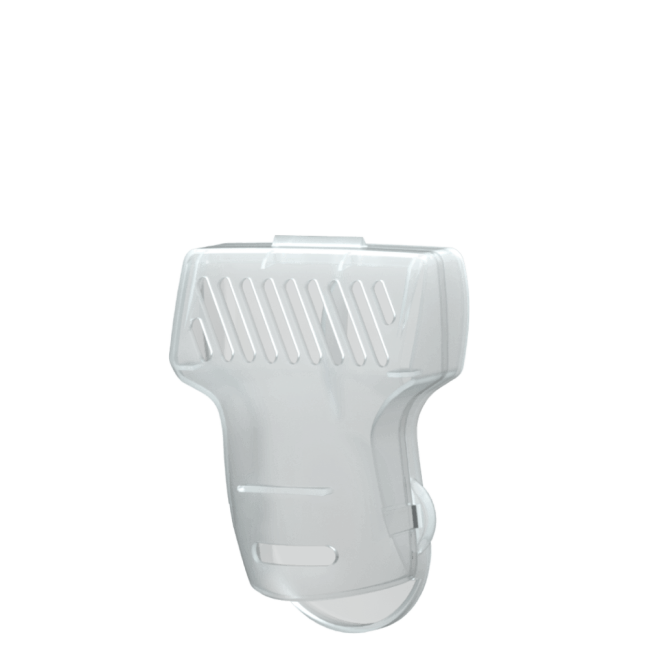 Gray plastic clip on black background.