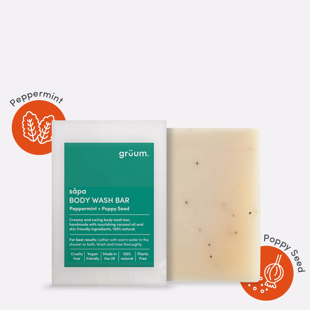 Peppermint poppy seed body wash bar packaging.