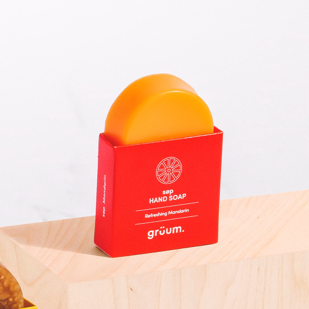 Orange soap in red packaging
