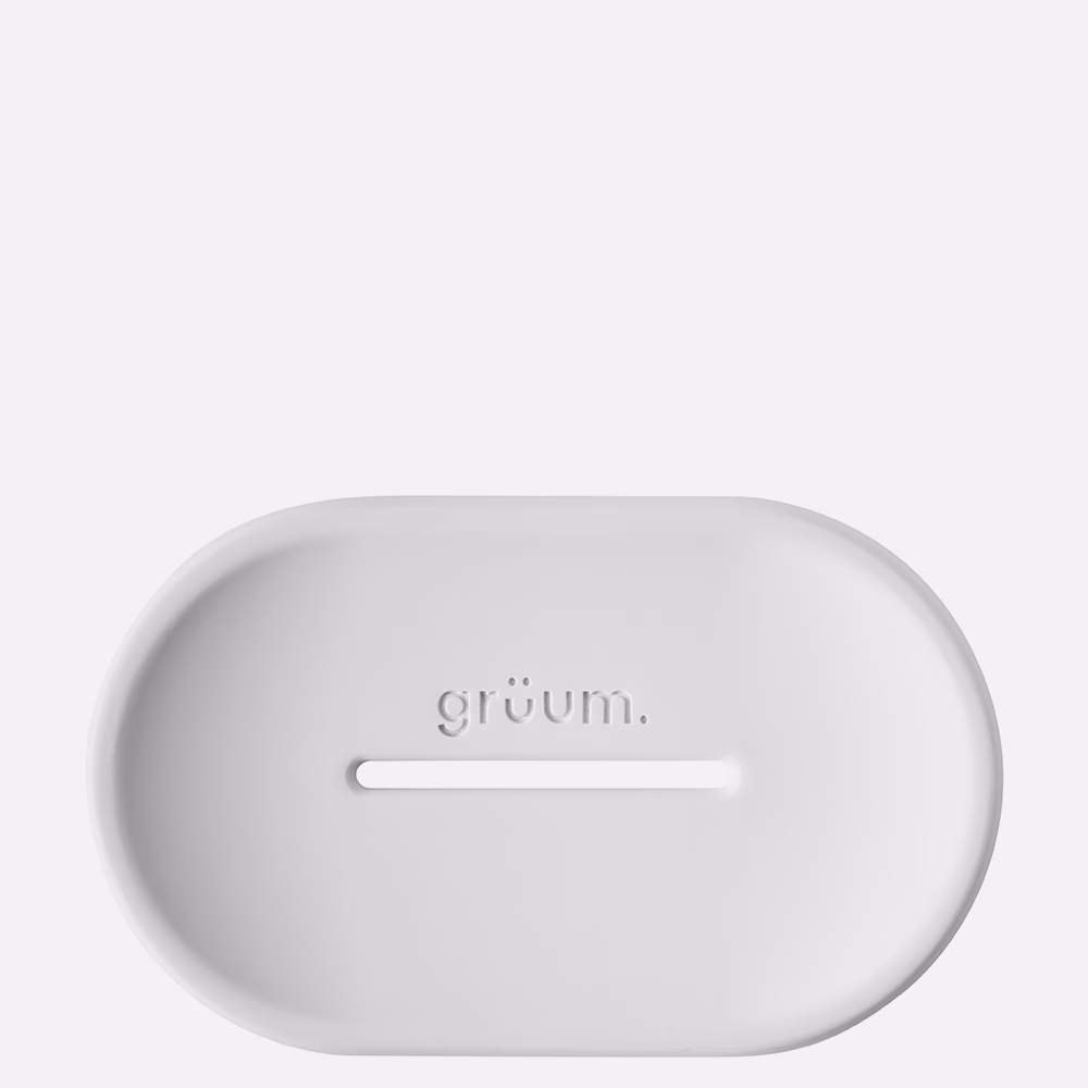 White soap dish with logo