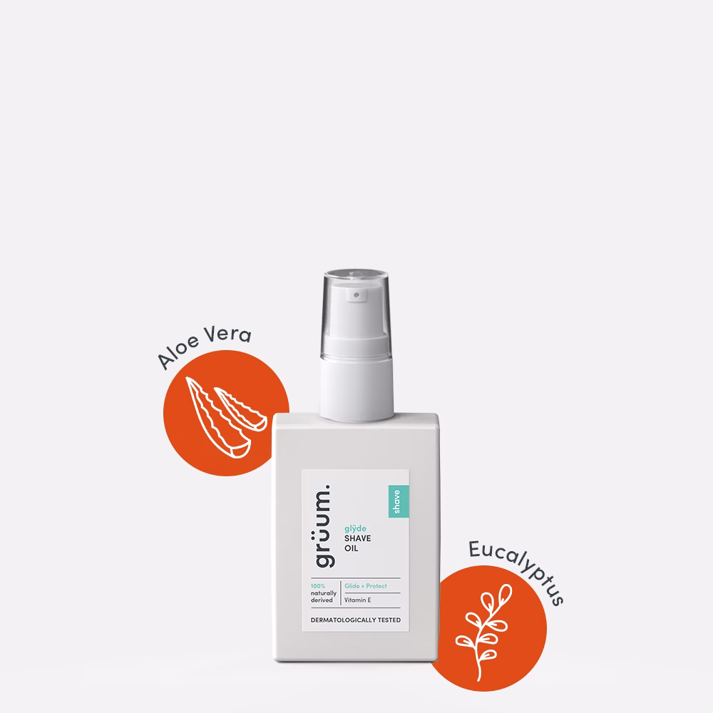 Shave oil with aloe and eucalyptus icons.