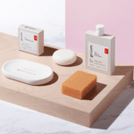 Gruum gift set product image with shampoo bar, kyra face wash, body bar and white halla soap dish