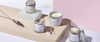 Gruum bath set product image with soy wax candle, Lavender & Chamomile, Rose Petal & Rosemary and Tangerine & Cinnamon salt soaks