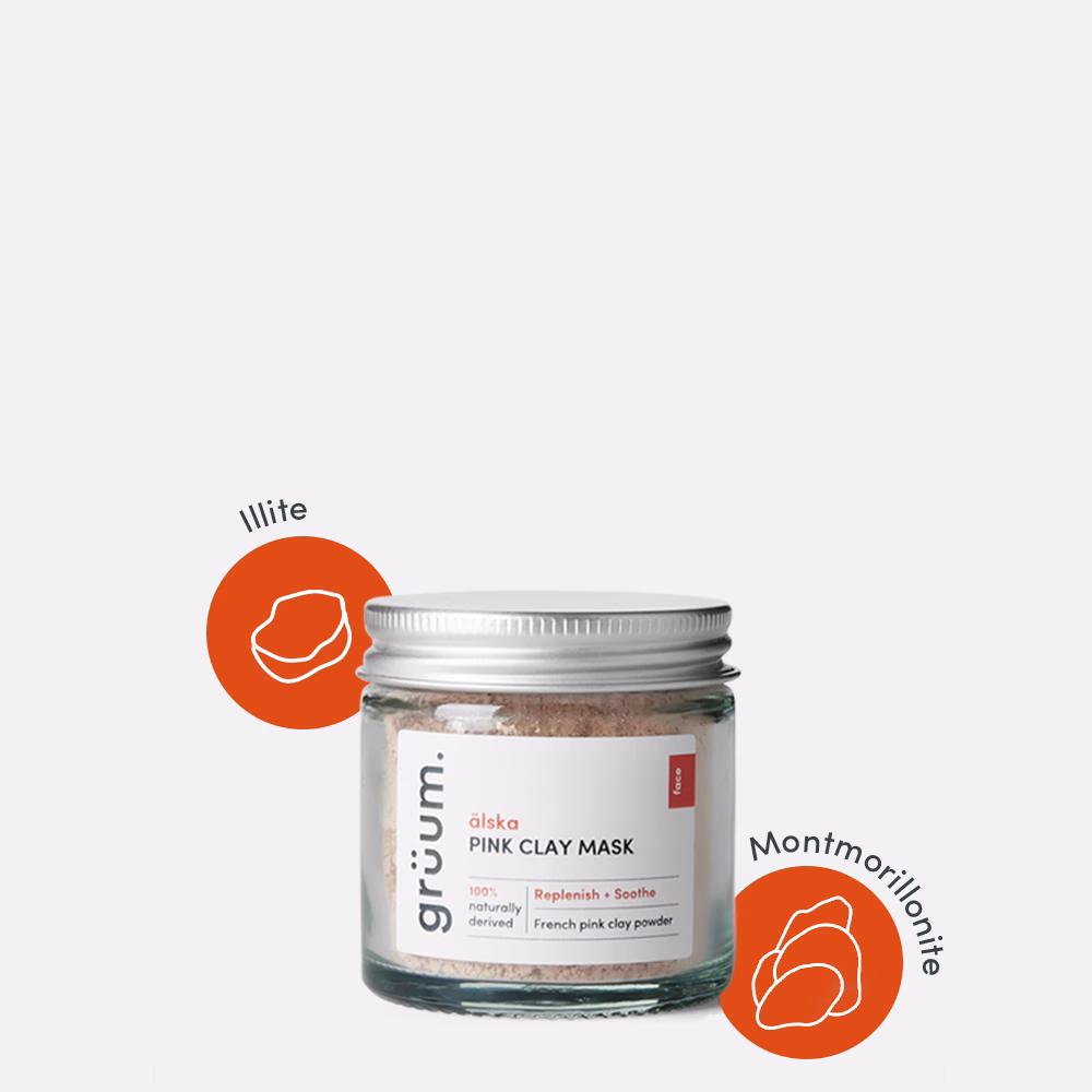 Pink clay mask jar with ingredients