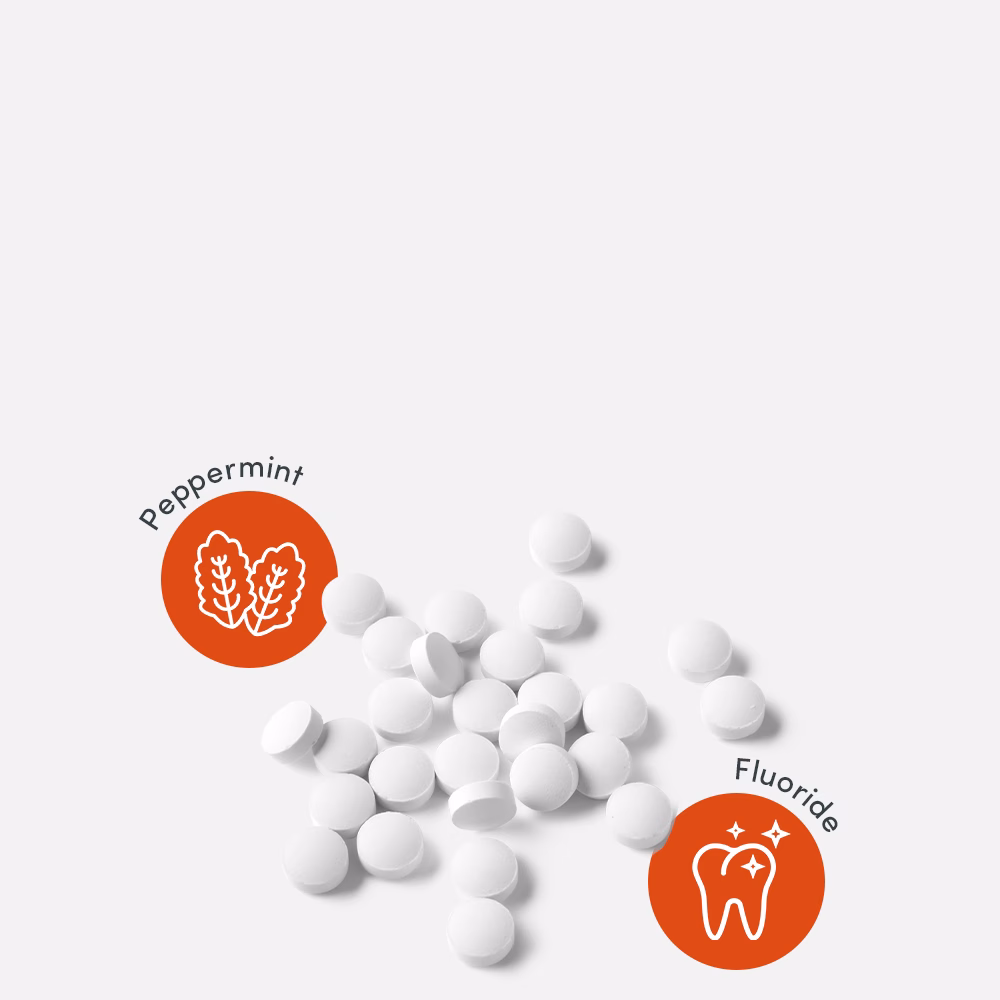 White tablets with peppermint and fluoride icons