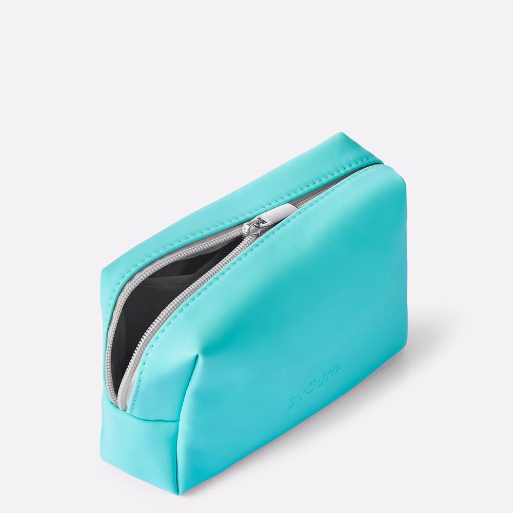 Turquoise zippered pouch on plain background.