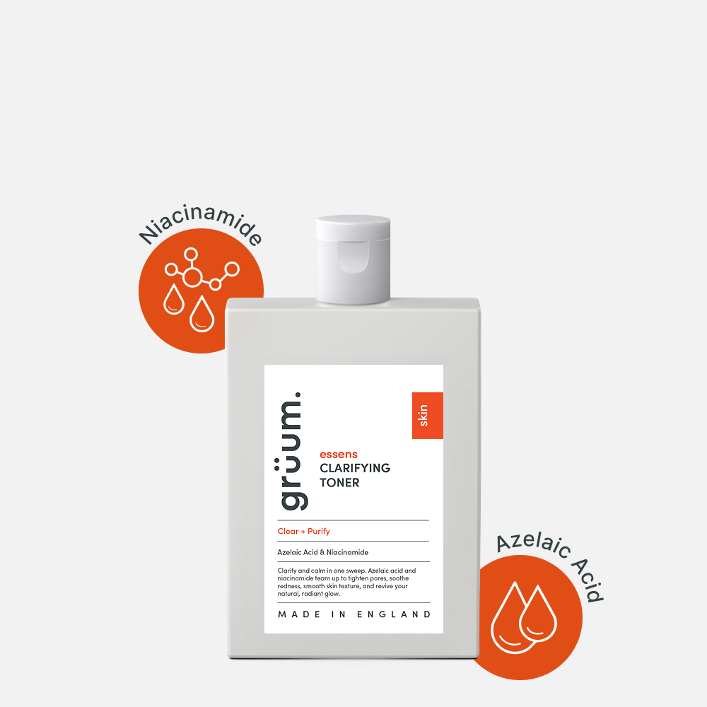 Clarifying toner bottle with ingredients.