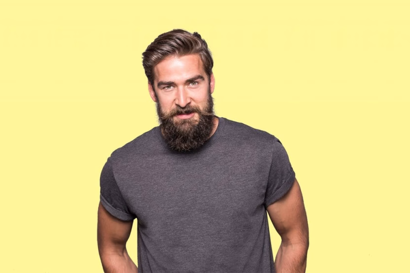 Bearded man in gray shirt