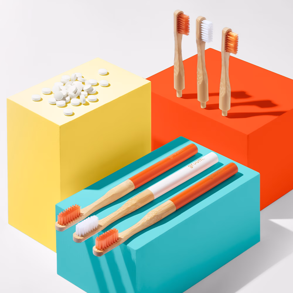Colorful toothbrushes on geometric blocks