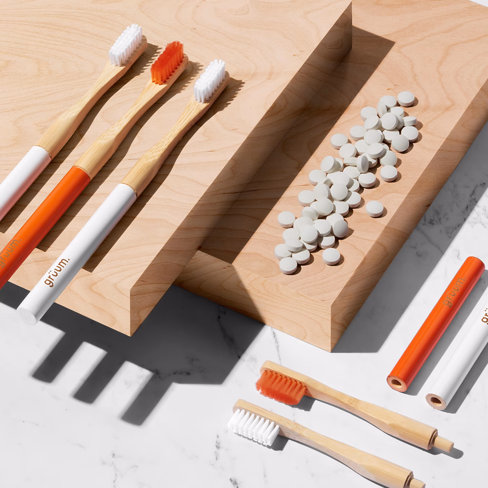 Bamboo toothbrushes and toothpaste tablets.