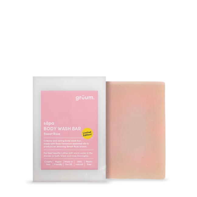 Pink body wash bar and packaging