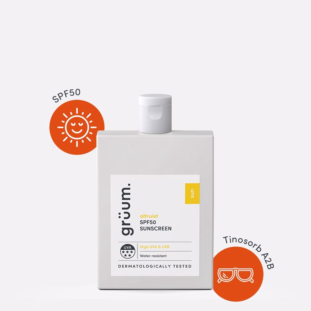 Sunscreen bottle with SPF 50 label.