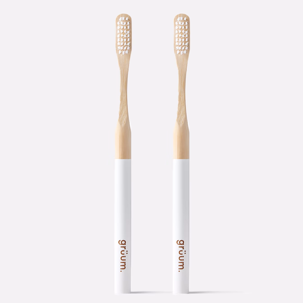 Two bamboo toothbrushes standing upright