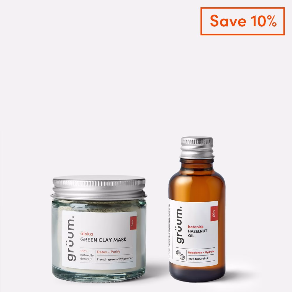 Green clay mask and hazelnut oil bottles