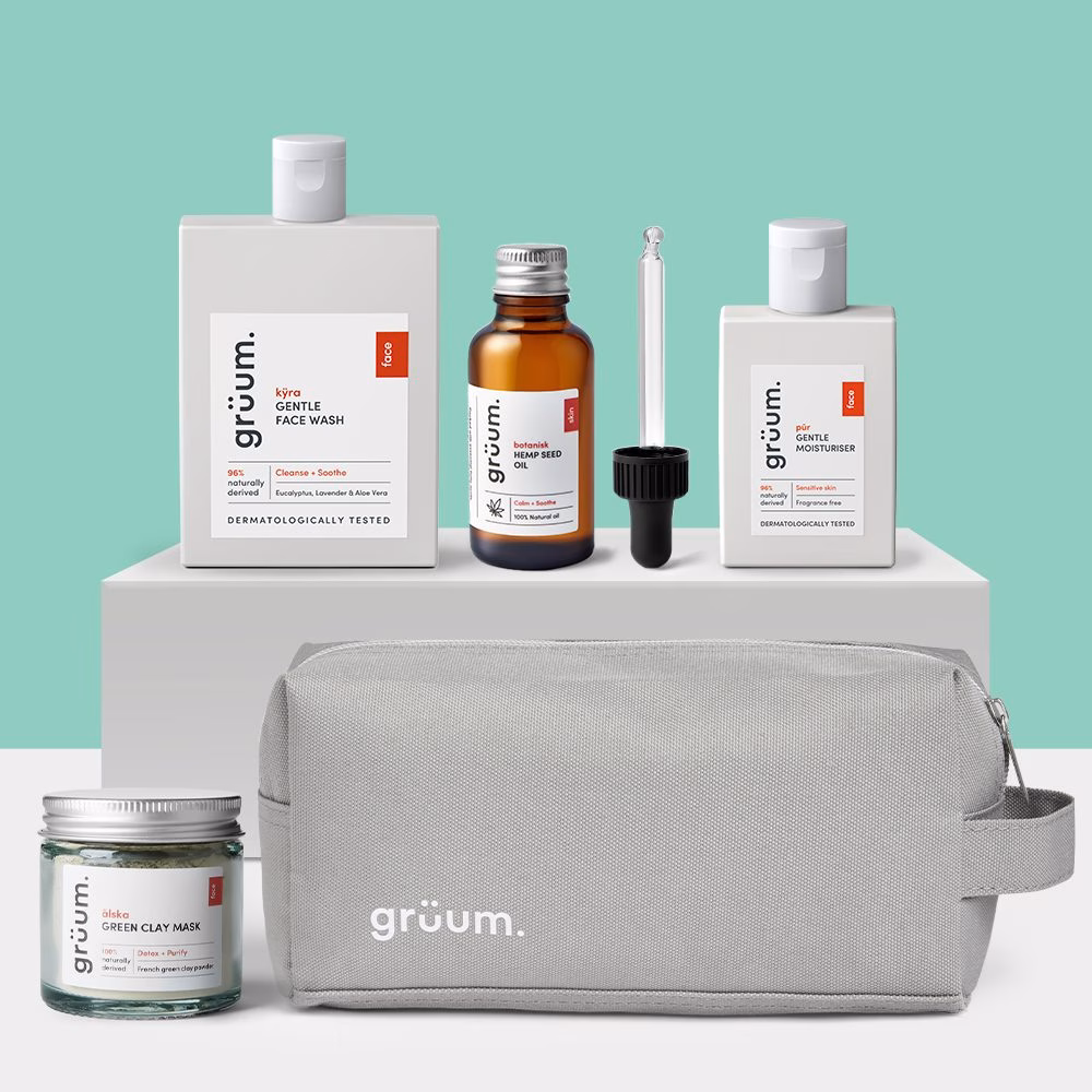 Skincare products with gray toiletry bag