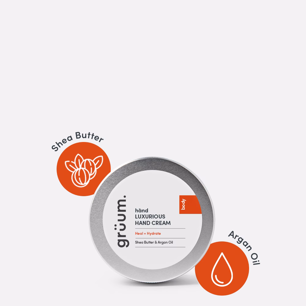 Hand cream tin with ingredients illustrated.