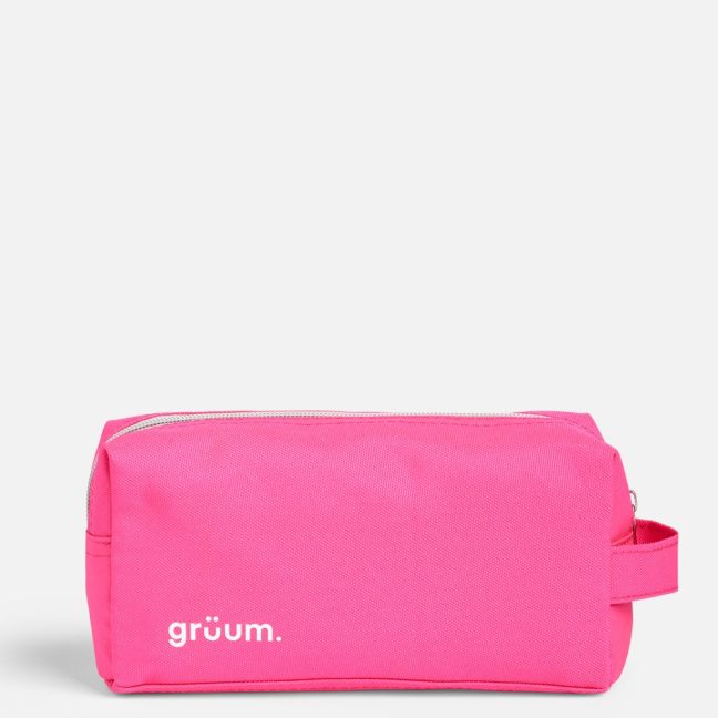 Pink toiletry bag with zipper.