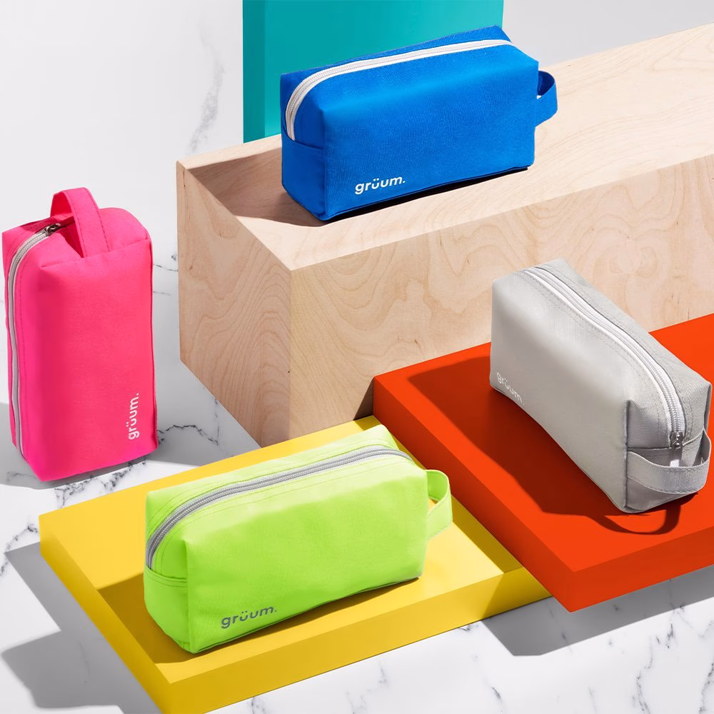 Colorful zip bags on wooden blocks