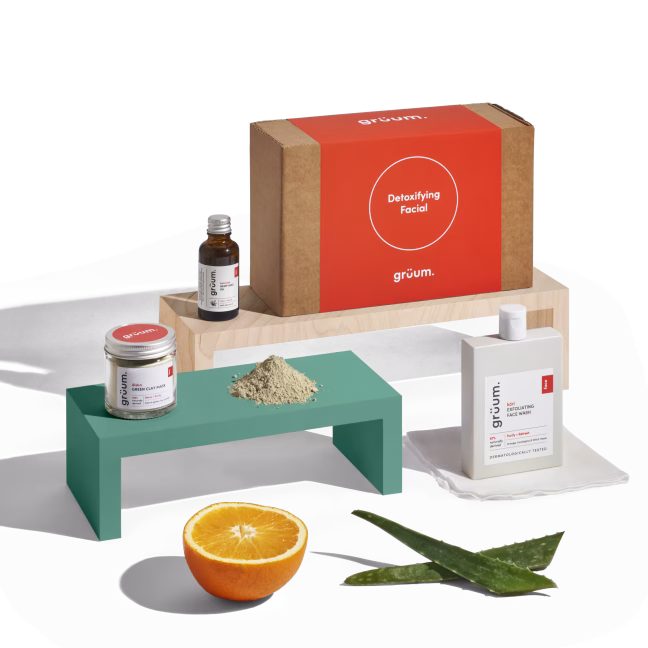 Detoxifying facial skincare products display.