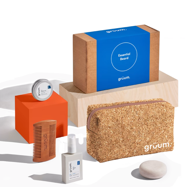 Beard care products with cork pouch.