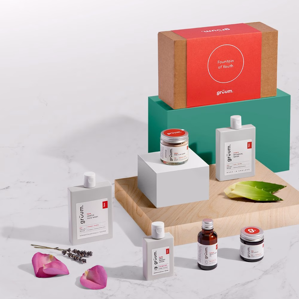 Skincare products displayed on blocks
