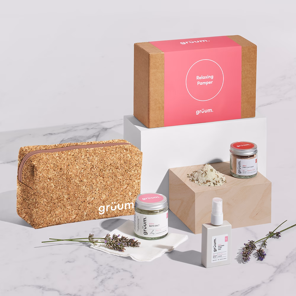 Skincare and bath products with cork bag.