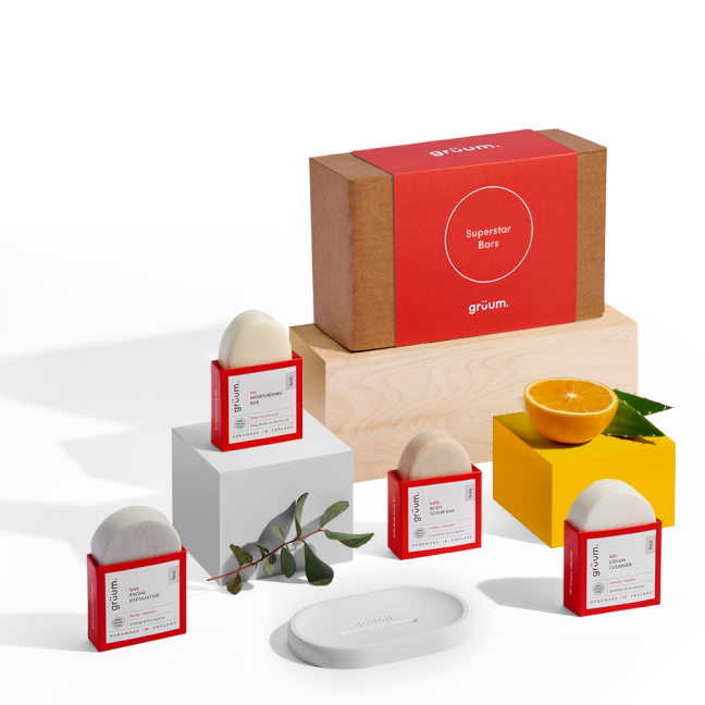 Soap bars and packaging on display