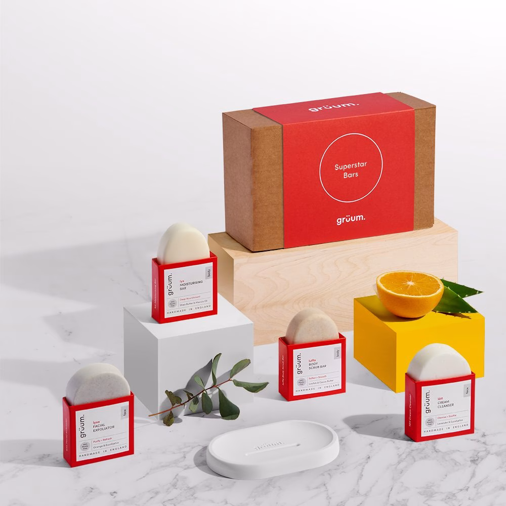 Soap bars on display with gift box.