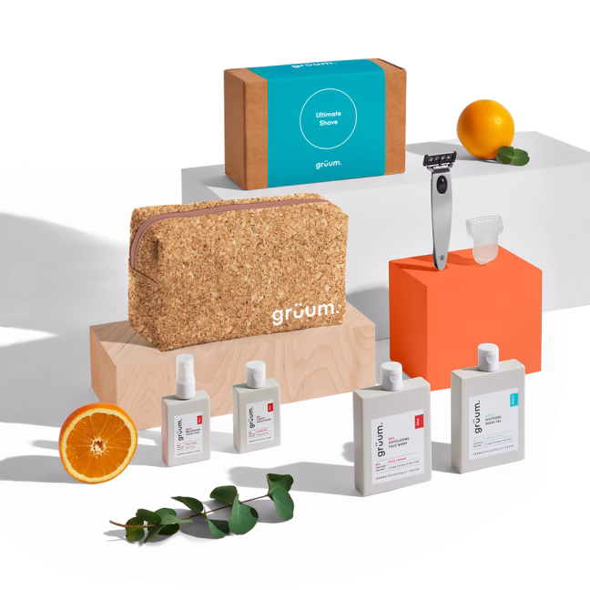 Grooming products on display with orange slices.