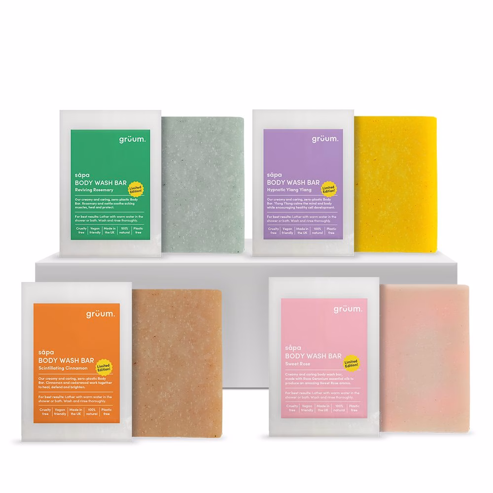 Five colorful body wash bars displayed