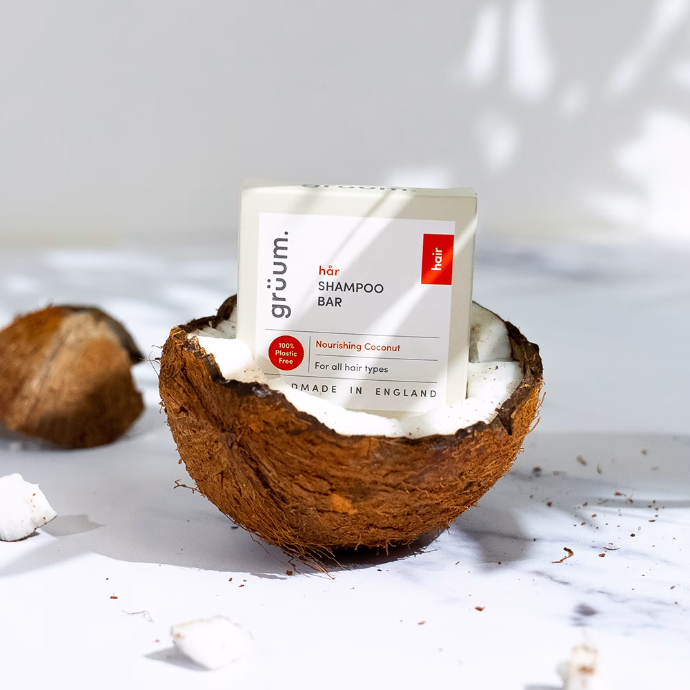 Shampoo bar in coconut shell.