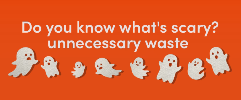 Orange background with cartoon ghosts and text.