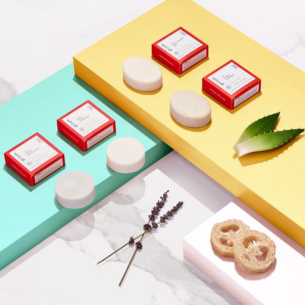 Soap bars on colorful platforms