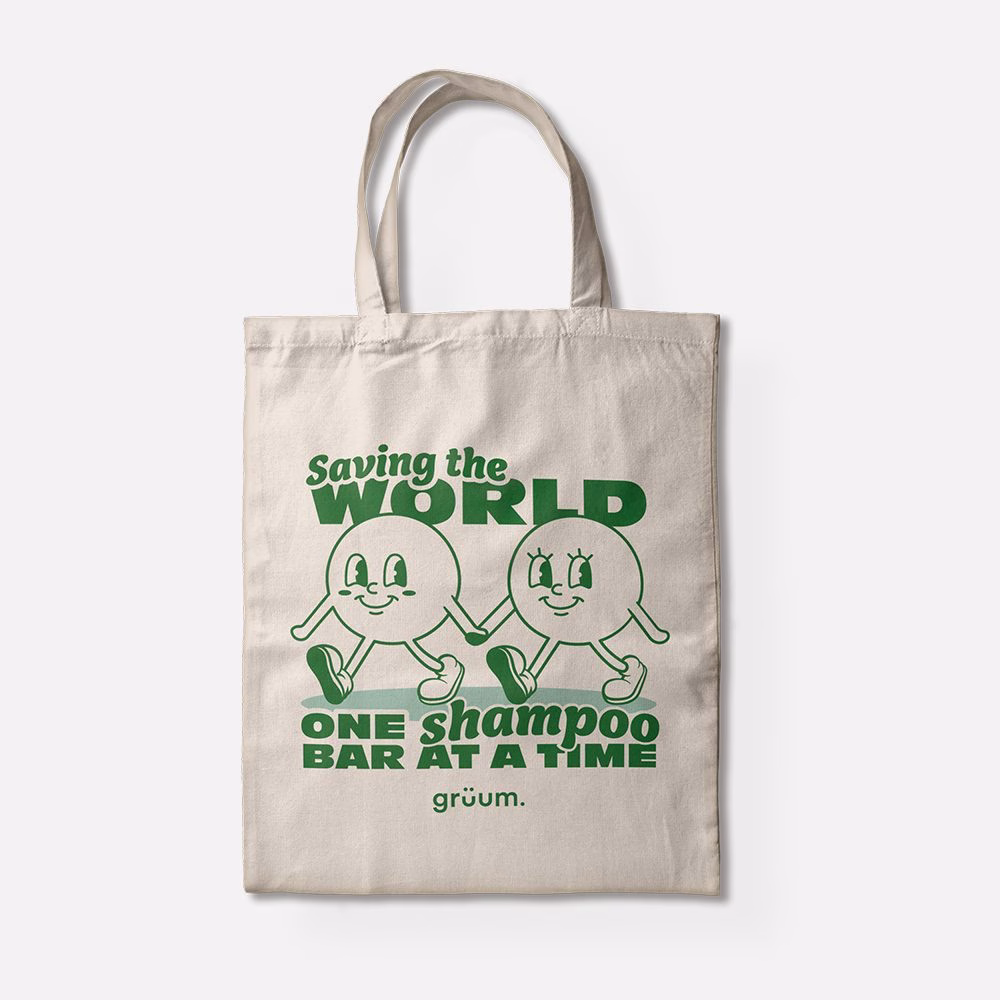 Tote bag with cartoon characters and text