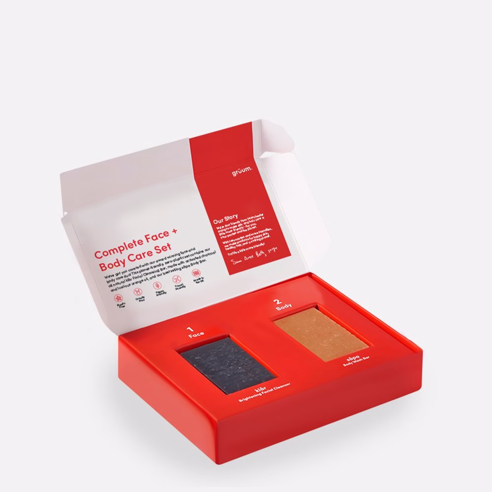 Red box with face and body soaps.
