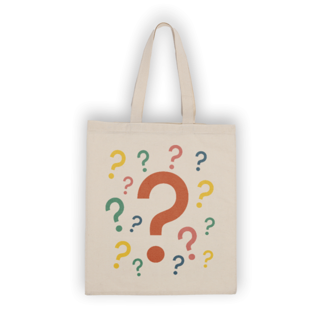 Tote bag with colorful question marks.