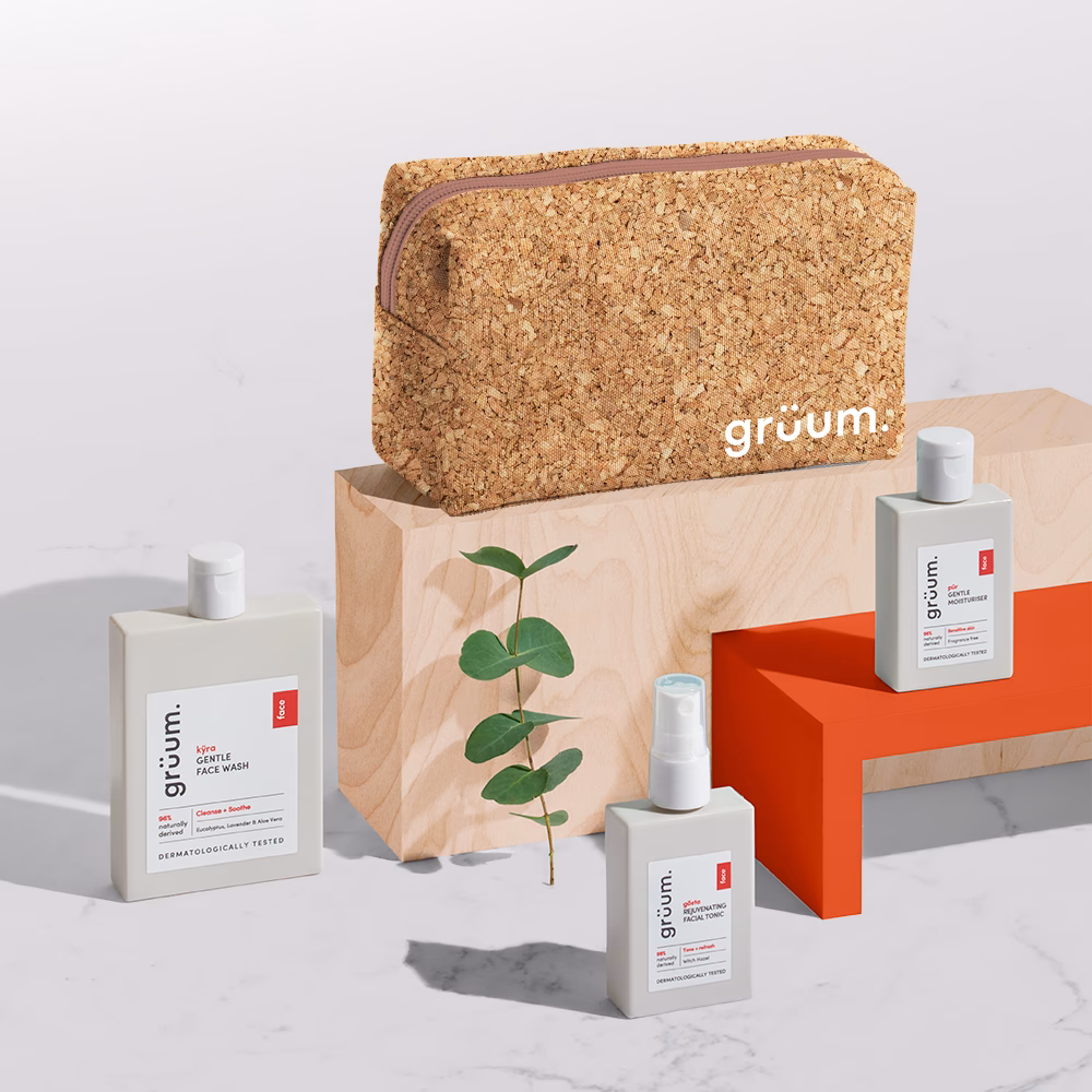 Skincare products with cork pouch display.