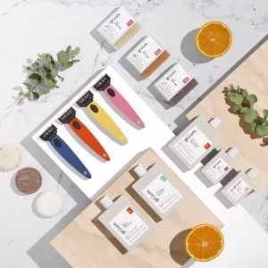 Colorful razors and grooming products displayed