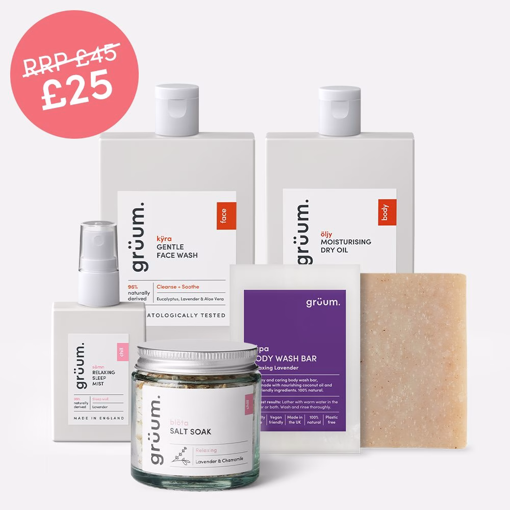 Skincare products with price reduction label.