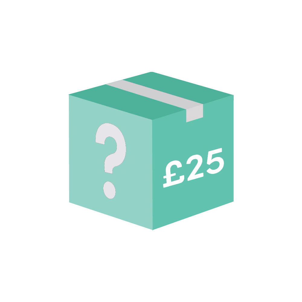 Teal box with question mark and £25.