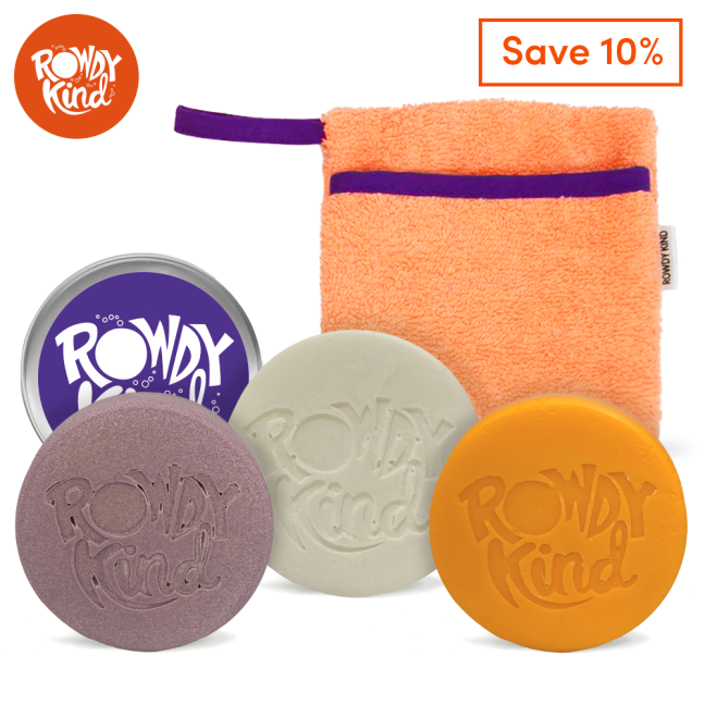 Rowdy Kind products with a washcloth.