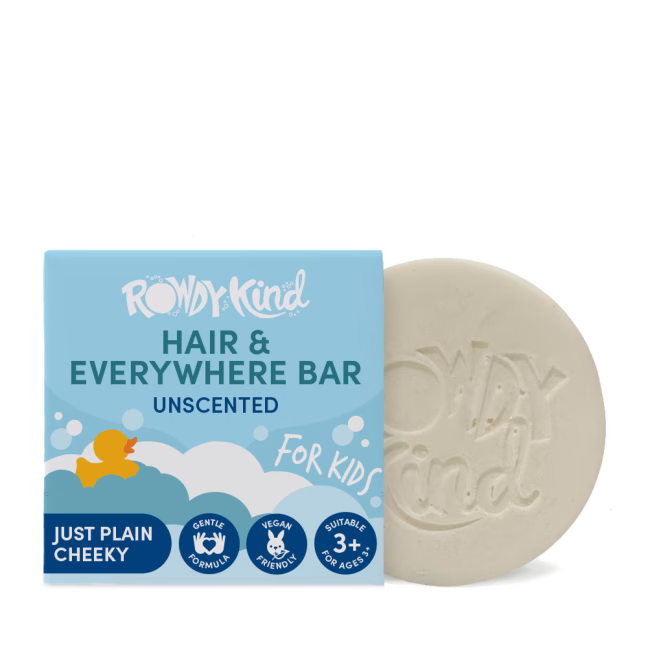 Kids' unscented hair bar and packaging.