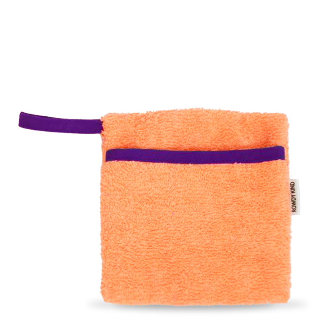 Orange washcloth with purple trim