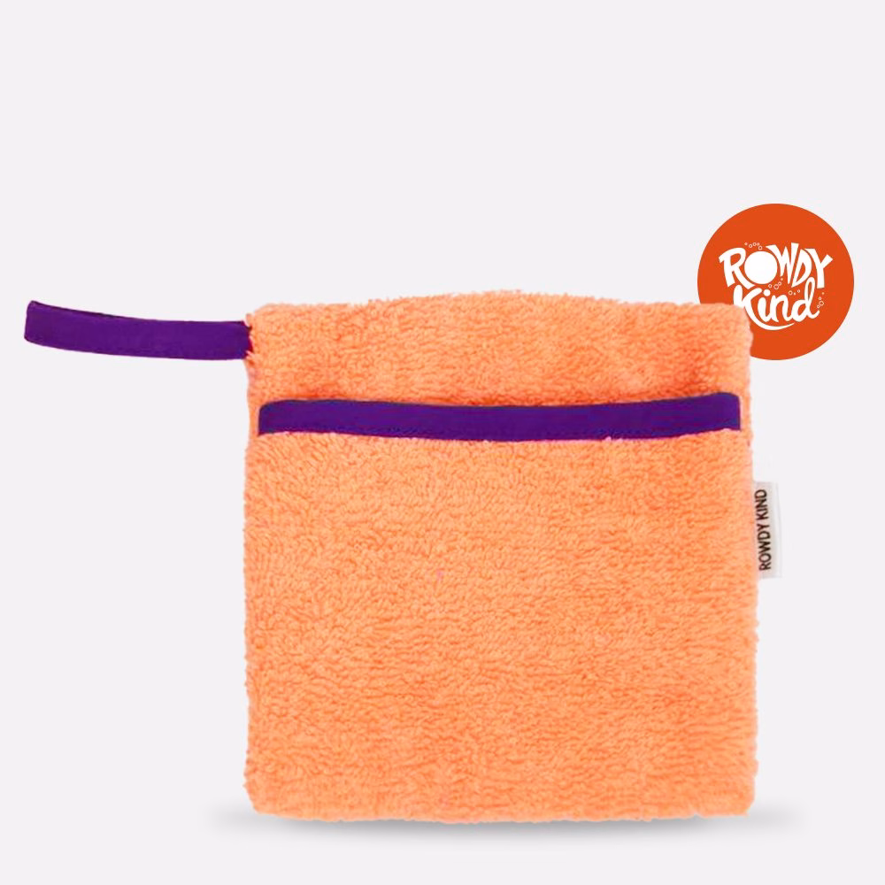 Orange fluffy pouch with purple accents.