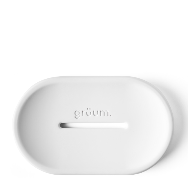 White soap holder with logo