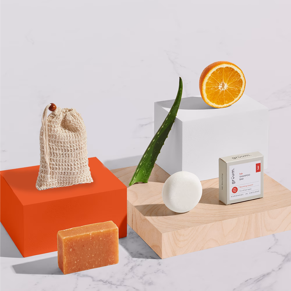 Soap products on colored blocks