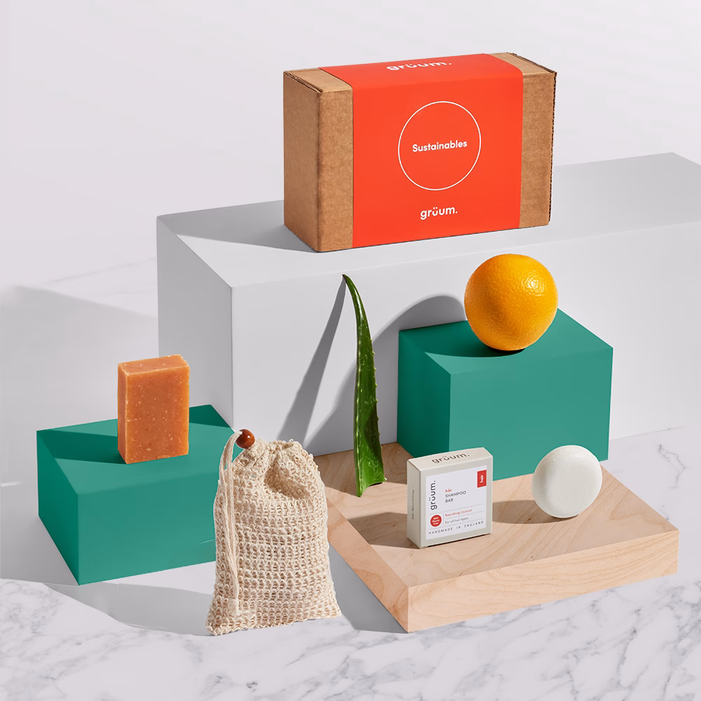 Eco-friendly products displayed on blocks