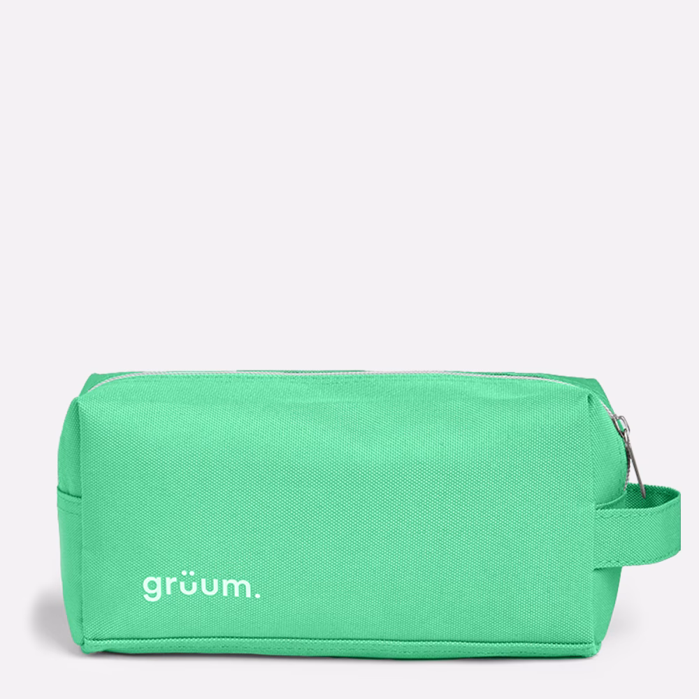 Green toiletry bag with logo.