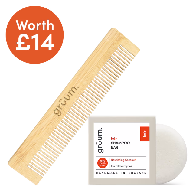 Wood comb and shampoo bar set.